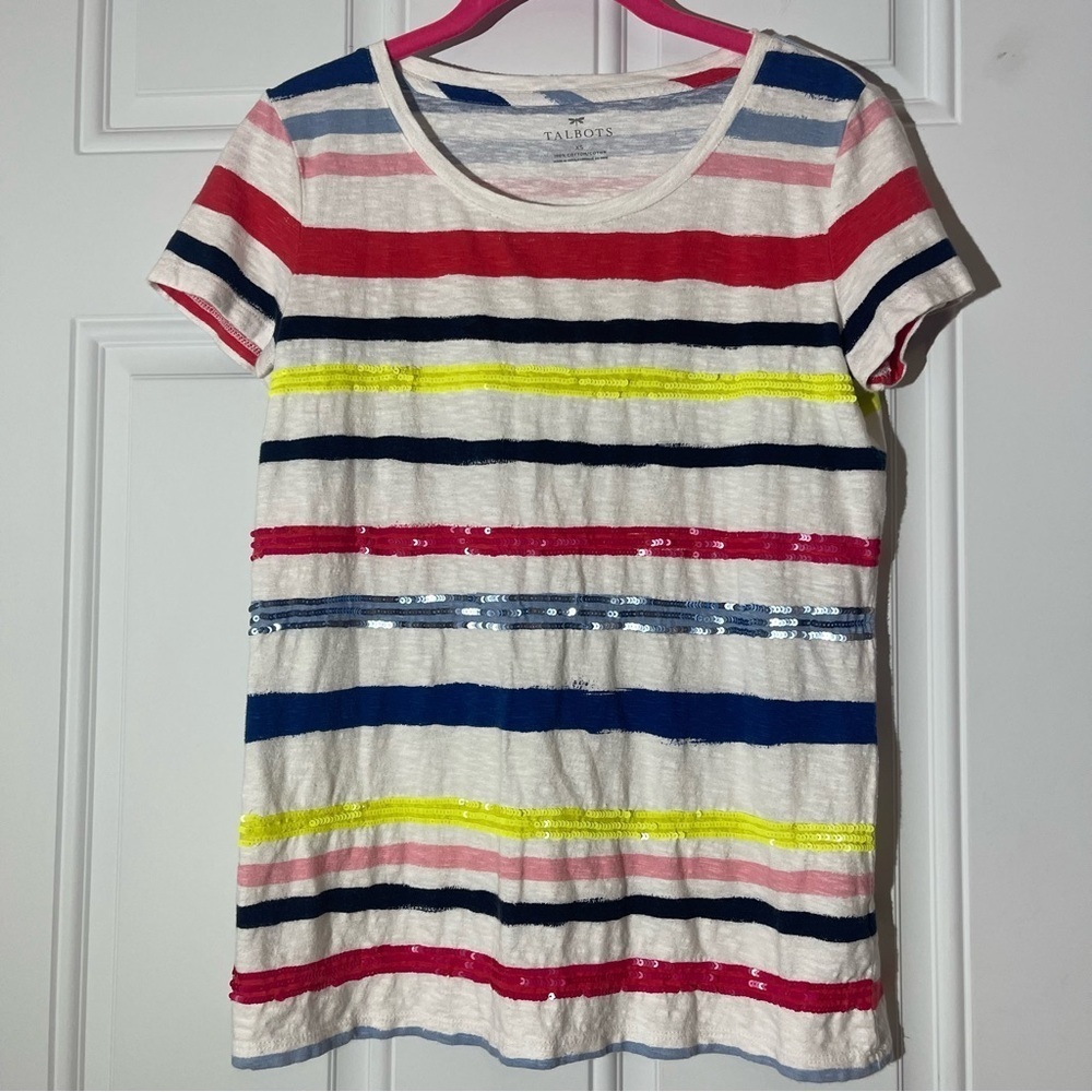 ❤️2/$15 or 3/$21❤️Talbots S/S Multi-colored Striped Sequin Top, Size XS